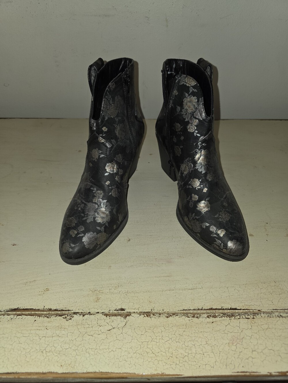 Floral Embossed Ankle Boots - Black